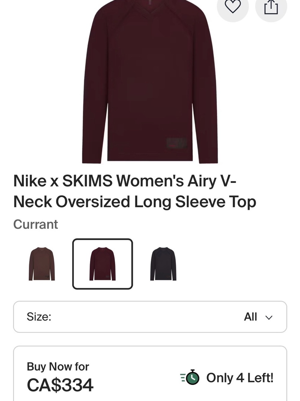 Nike X SKIMS Airy V-neck Oversized Long Sleeve in Currant - XL